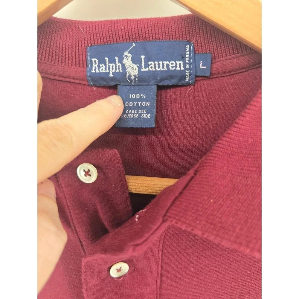 Ralph Lauren Polo Shirt Men L Burgundy Long Sleeve Equestrian Flap Pocket Cotton
